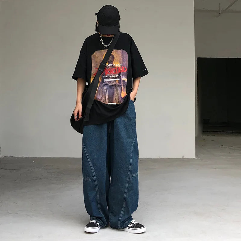 Men's New Wide Leg Straight Baggy Jeans Casual Washed Tube Elastic Waist Loose Hip-hop Denim Pants Male Streetwear Trousers Y2K