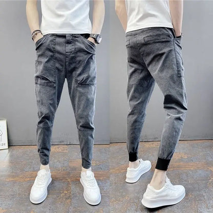 Harajuku Autumn Summer Casual Slim Japanese Streetwear Clothes Slim Cargo Hip Hop Baggy Men's Grey Designer Cropped Jeans Pants