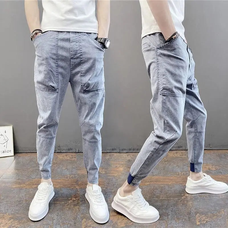 Harajuku Autumn Summer Casual Slim Japanese Streetwear Clothes Slim Cargo Hip Hop Baggy Men's Grey Designer Cropped Jeans Pants