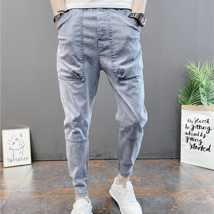 Harajuku Autumn Summer Casual Slim Japanese Streetwear Clothes Slim Cargo Hip Hop Baggy Men's Grey Designer Cropped Jeans Pants