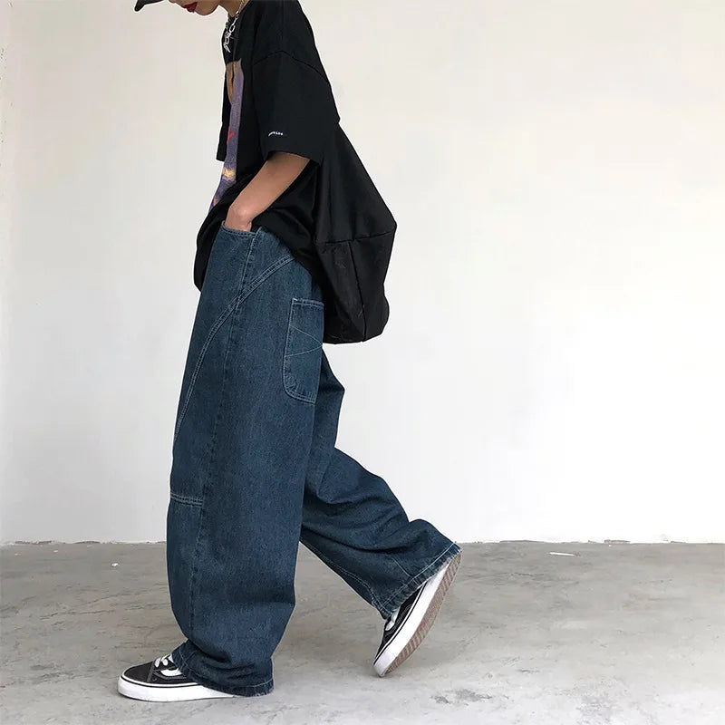 Men's New Wide Leg Straight Baggy Jeans Casual Washed Tube Elastic Waist Loose Hip-hop Denim Pants Male Streetwear Trousers Y2K