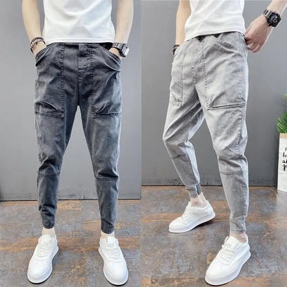 Harajuku Autumn Summer Casual Slim Japanese Streetwear Clothes Slim Cargo Hip Hop Baggy Men's Grey Designer Cropped Jeans Pants